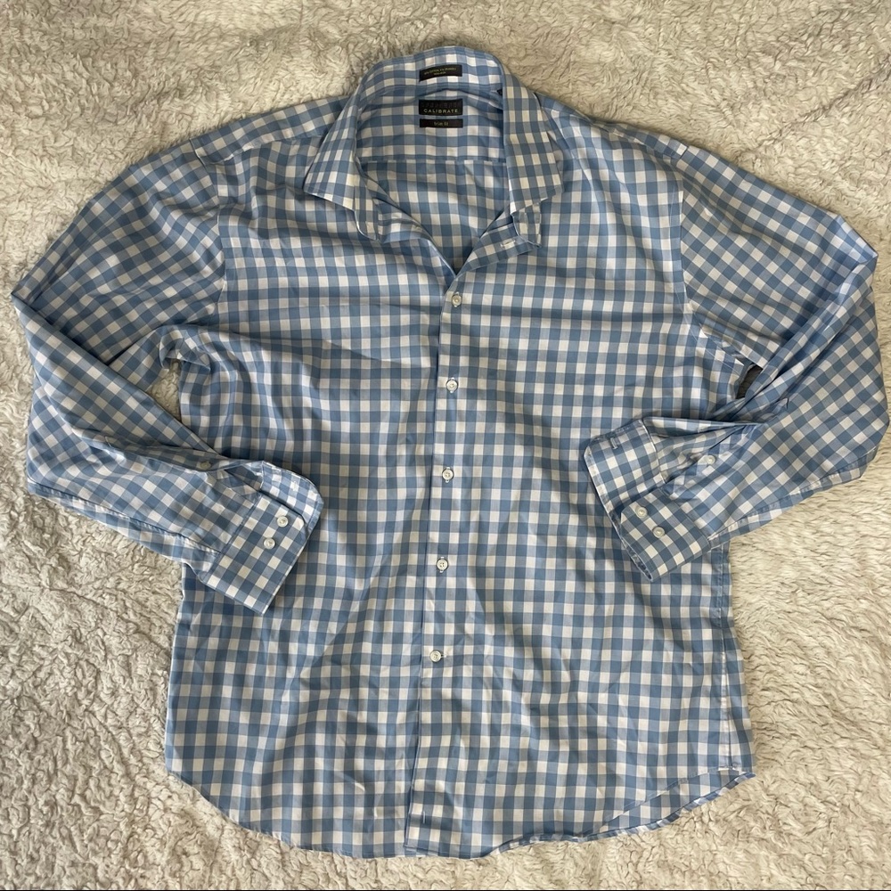 Calibrate Trim Fit Non-Iron Checkered Blue & White Button Down Shirt 16.5 32/33
